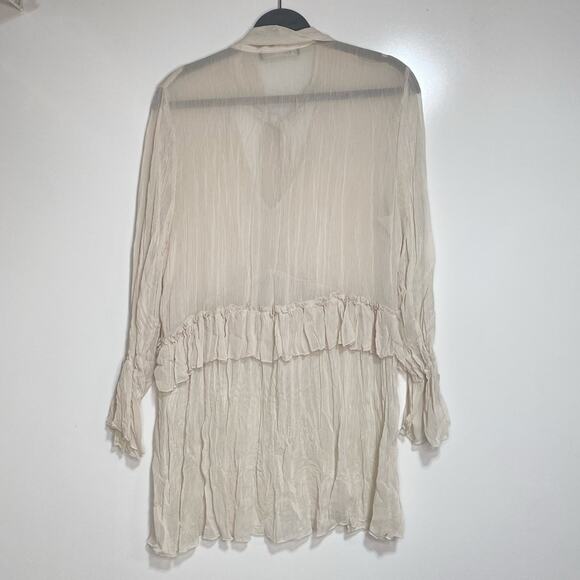 Zara Neck Tie Ruffle Long Sleeve Sheer Chiffon Mini Dress, Tunic V Neck Bone L - Picture 6 of 8
